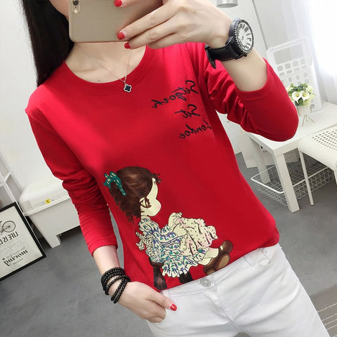 Christmas Gift Vintage Character Printed Casual Loose Basic Fashion Street Fresh Long Sleeve Female O-neck Top Casual Style Tee M-5XL Plus Size