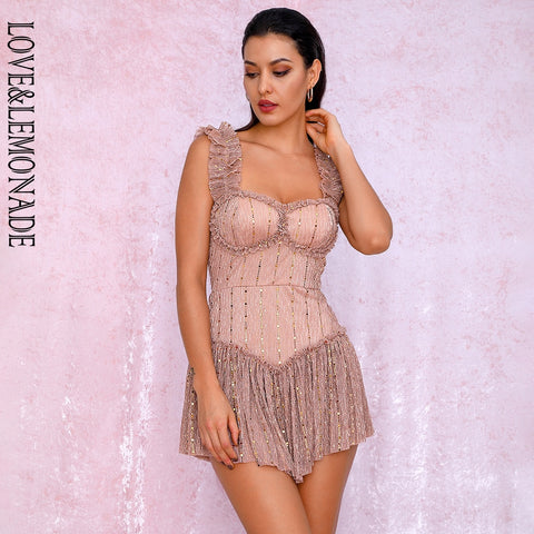 LOVE&LEMONADE Nude Tube Top Sling Compound Sequin Material Slinky Ruffled Party Playsuit LM81256A