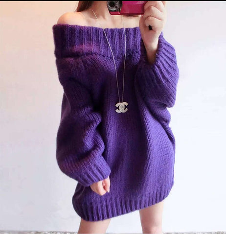 Sonicelife Autumn Winter Women Basic Pullover Sweaters Female  Slash Neck Off Shoulder Knitted Sweater Long Thick Warm Pullovers Tops
