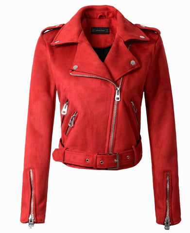 2023 New Autumn Winter Women Motorcycle Faux PU Leather Red Pink Jackets Lady Biker Outerwear Coat with Belt Hot Sale 7 Color