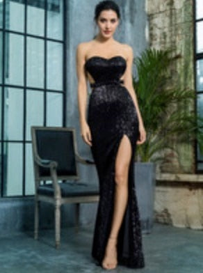 LOVE&LEMONADE  Black Bra Open Back Back Pleated Sequins Slim Dress Party Long Dress LM81335