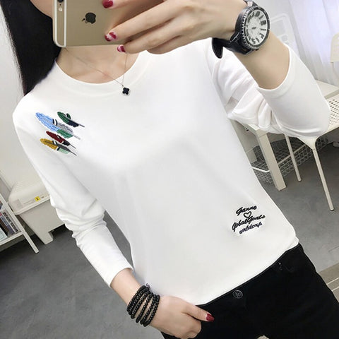 Sonicelife Christmas Gift Plus Size T Shirt Women Clothes 2024 Embroidery Tshirt Long Sleeve Tops Clothing T-Shirts Casual Tee Shirt Femme Poleras Mujer