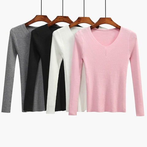 Sonicelife Christmas Gift V-Neck Women Sweater Slim  Pullover 2024 New Autumn Winter Tops Women Knitted Pullovers Long Sleeve Shirt Female Brand