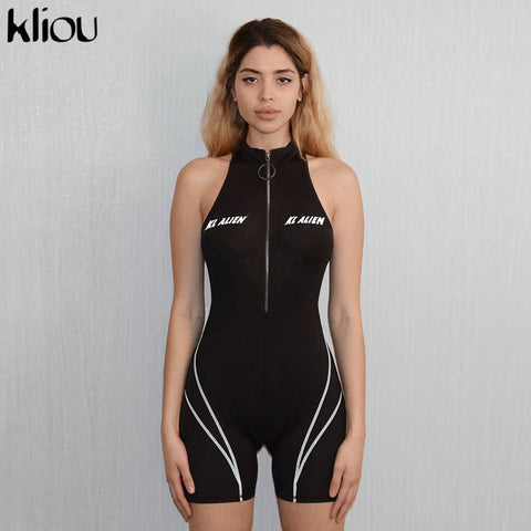 Kliou women fitness Playsuits sleeveless turtleneck zipper fly letter print patchwork biker playsuit sporting skinny outfits