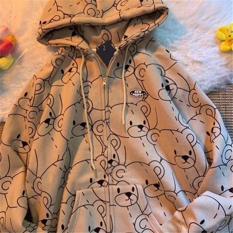 Vintage Long Sleeve Hoodie Sweetshirt Clothes Women 2023 Fashion Zip Up Cute Bear Hoodies Autumn Winter Coat Loose Harajuku Top