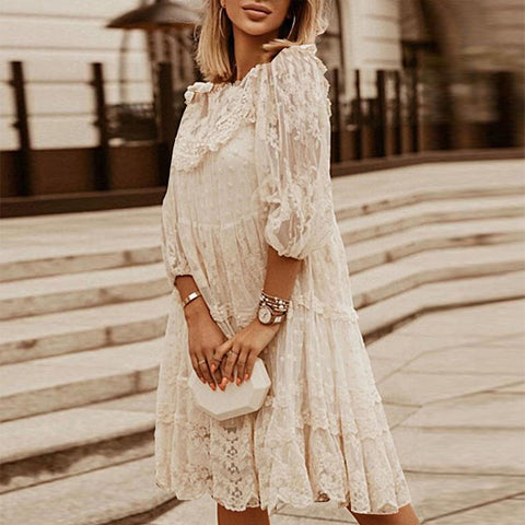 Summer V-neck Lace Party Dress Women Elegant Mesh Patchwork Three Quarter Sleeve Dress Spring Ruffle Mini Dress Vestido D30