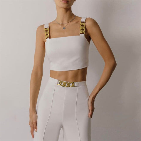 Sonicelife  Chain Camis Top and Pants 2 Piece Sets Fashion Outfits Office Lady Skinny Cropped Top Pencil Pants Matching Sets