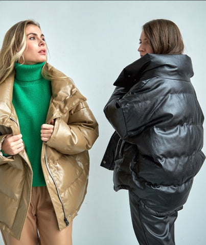 Winter Puffer Jacket Women Loose Bubble Coat faux leather jacket thicker warm outerwear Stand Collar