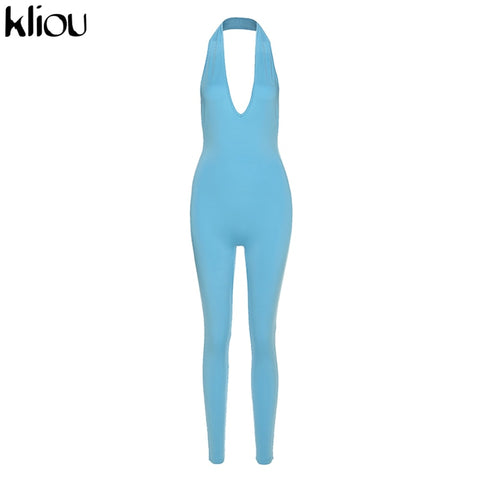 Sonicelife Kliou halter women activewear v-neck  bandage sleeveless jumpsuit skinny rompers solid elastic bodycon fitness casual outfit