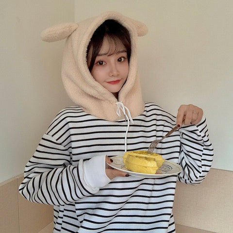 Women's Kawaii Hoodie 2021 New Korean Loose Striped Fake Two-Piece Pullover Cute Bear Ears Lamb Hair Sweet Girls Student Clothes