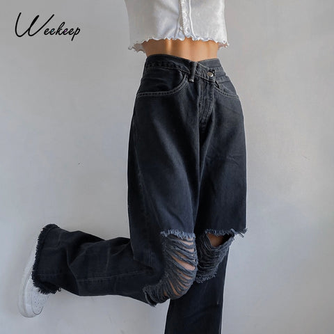 Sonicelife Weekeep New Fashion Holes High Waist Jeans Femme Pantalon 90s Vintage Streetwear Loose Korean Trousers Joggers Women Denim Pants