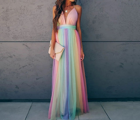 Sonicelife 2024 New Sexy Long Dress Women Summer Clothes High Waist Sling Deep V-neck Rainbow Mesh Party Beach Dresses Women Streetwear Vestidos