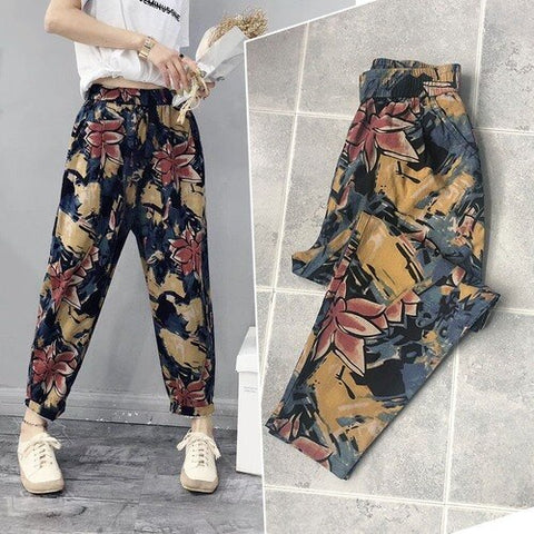 Sonicelife Women Harem Pants Cotton Linen Vintage High Waisted Trousers Spring Summer Loose Retro Floral Printed Wide Leg Pants Streetwear