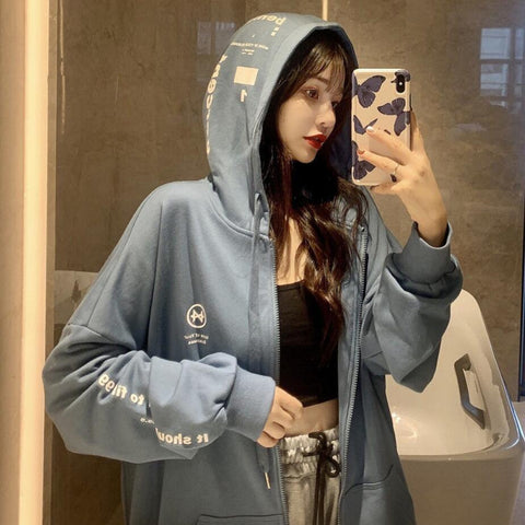 Sonicelife Spring Autumn Women Harajuku Zip Up Hoodies Oversized Loose Korean Version Sweatshirts Cute Kawaii Pocket Jacket Clothing Casual