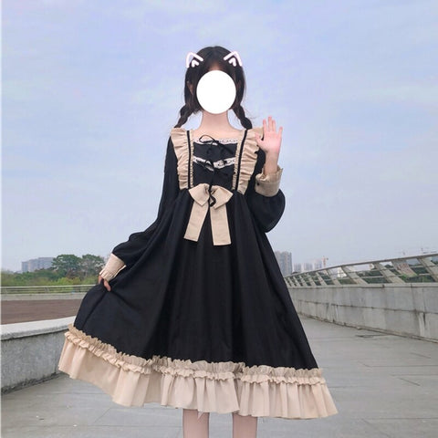 Sonicelife Harajuku Lolita dress daily Palace Bow-knot sweet cute retro lotus leaf bow Vestidos Noble Sweet Gothic Party Robe Renaissance