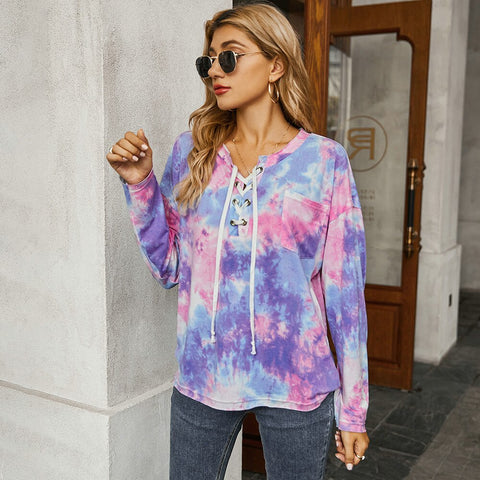 Sonicelife Sale Women Tie Dye Print T-shirt Long Sleeve Loose Tops for Women  Autumn Cross Bandage Casual Basic Tops Female Pullovers D30