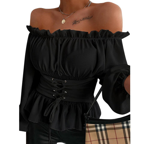 Sonicelife Trizchlor Off Shoulder Lace-up Front Ruffles Sweet Blouse Spring Top and Blouses  Slash Neck Long Sleeve Fall Blusas Mujer De Moda D30