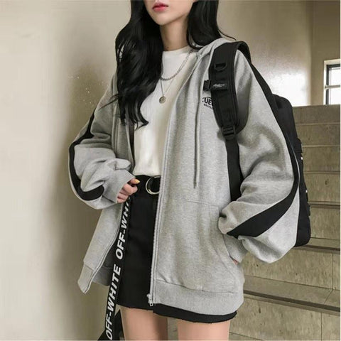 Zip Hooded Sweatshirt Winter Jacket Women Korean Fashion Thick Clothes Harajuku Oversized Print Long Sleeve Chic Zip-Up Hoodies
