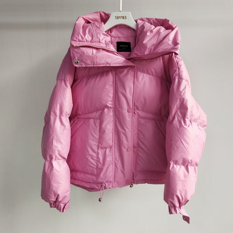 Sonicelife Toppies 2024 Winter Jacket Women Hooded Pink Puffer Jackets Loose Casual Candy Color Coat Korean Fashion Outwear