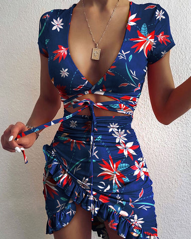 Sonicelife hoco dresses Floral Print Fashion Tie Up Wrap Mini Dress 2024 Summer Holiday Ruffles Sundress Ruched Women's Dress Short Sleeve