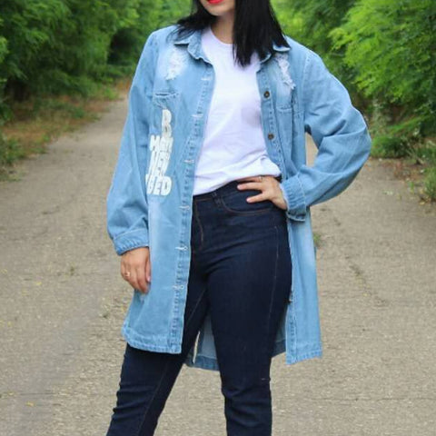 Plus Size 9XL Autumn Long Women's Denim Jacket Coat Hole Letter Oversize Casual Loose Jeans Jackets Female Outwear Windbreaker