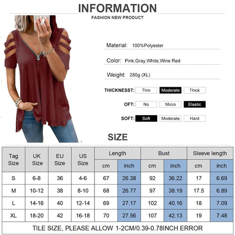 Sonicelife Summer Hollow Out Short Sleeve T-Shirts Women  Zipper V-Neck Casual Ladies Tops Fashion Female Streetwear Blouse Tee D30