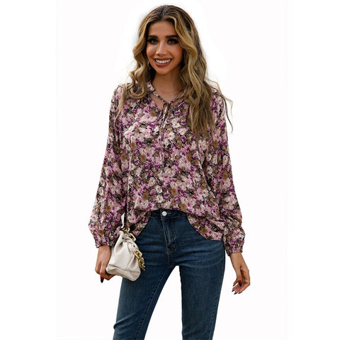 Sonicelife  Women V Neck Lace Up Floral Print Blouses Blue Long Sleeves Casual Tops 2023 Spring Summer Flower Lady Bohemian Blouses