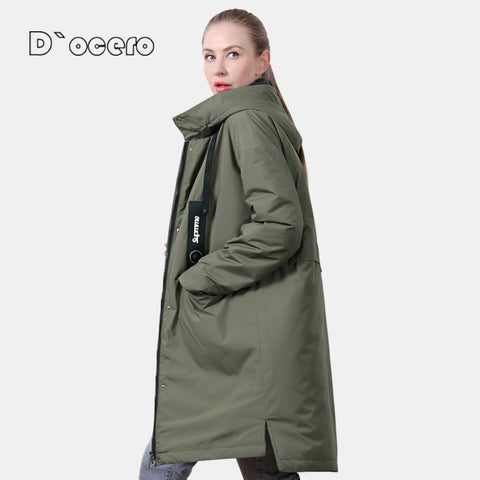 D`OCERO 2023 New Spring Jacket Women Fashion Thin Cotton Casual Female Coat Autumn Long Quilted 5XL Parkas Hooded Outwear