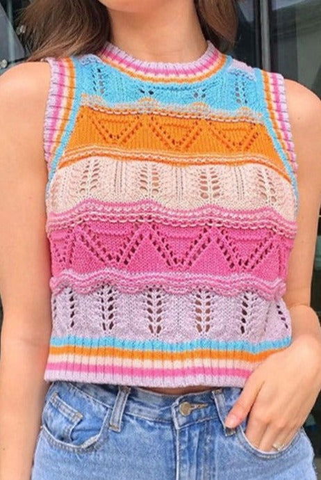 Sonicelife New Women Sweet Fashion Rainbow Striped Crochet Top Vest Sweater Female Retro O-neck Sleeveless Chic Casual Top