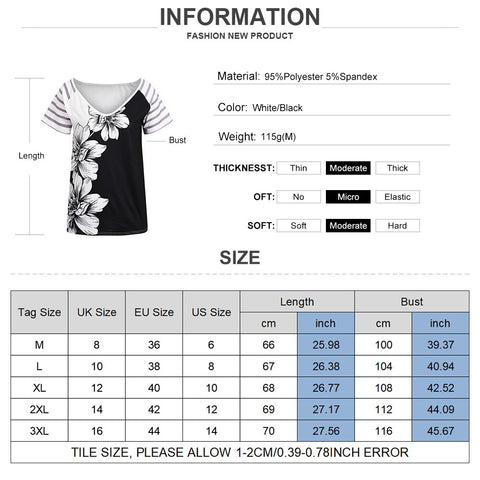 Sonicelife Women V-neck Stripe Short Sleeve Tops Floral Print Ladies Elegant T Shirt Pullover Female Summer Slim Blouse Streetwear D30