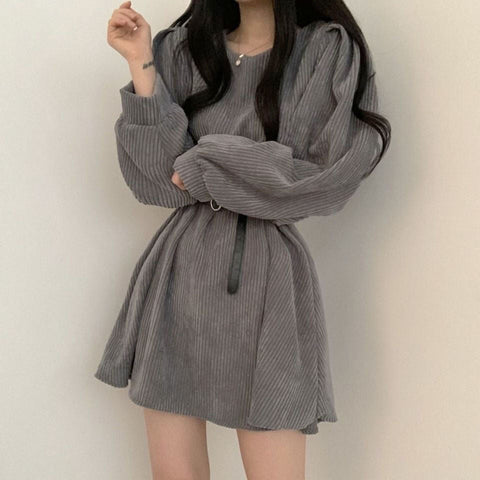 Sonicelife hoco dresses Harajuku Korean Fashion Corduroy Mini Dress with Belt (Gray)