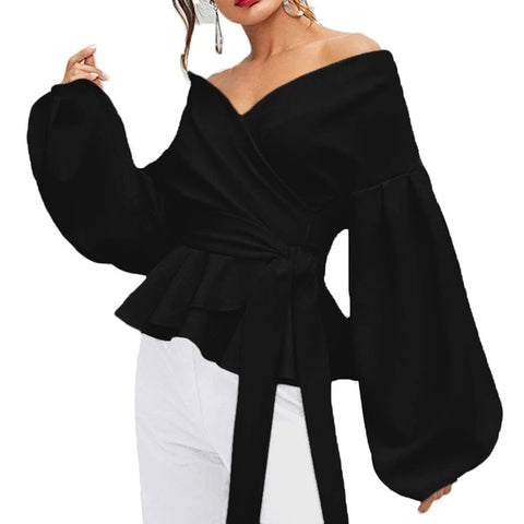 Sonicelife V Neck Lantern Sleeves Women Blouses White Tops Solid Ruffles Bow Knot Lace Up Casual Shirts 2024 Black Lady Blouse