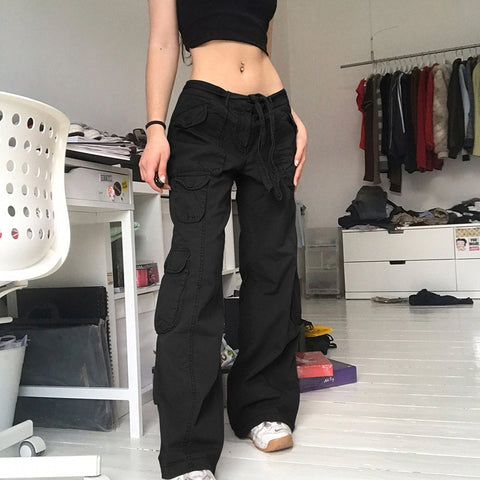 Sonicelife  Y2K Pockets Cargo Pants Women Oversize Baggy Pants Streetwear Harajuku Vintage Casual Loose Sweatpants Wide Leg Denim Trousers