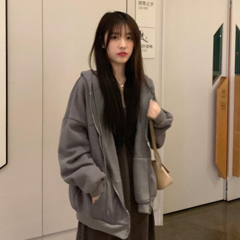 Sonicelife Harajuku Long Sleeve Oversized Hooded Sweatshirts Women Winter Vintage Clothes Woman Warm Thick Jacket Sweetshirt Zip Up Hoodies
