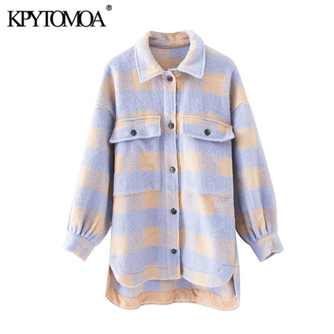KPYTOMOA Women 2023 Fashion Overshirts Oversized Checked Woolen Jacket Coat Vintage Pocket Asymmetric Female Outerwear Chic Tops