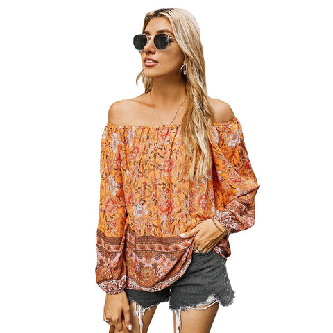 Sonicelife Sale Women Floral Print Off Shoulder Tops Bohemia Blouses Shirts Casual  Pullover Top Spring Lady Chic Long Sleeve Blusa D30