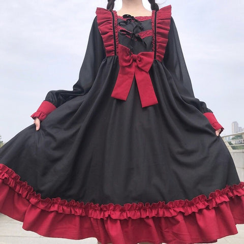 Sonicelife Harajuku Lolita dress daily Palace Bow-knot sweet cute retro lotus leaf bow Vestidos Noble Sweet Gothic Party Robe Renaissance