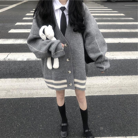 Sonicelife  Preppy Fashion Stripe Knitted Oversize Cardigan Sweater Women Grey Korean Style Harajuku Jumper Female Casual Winter
