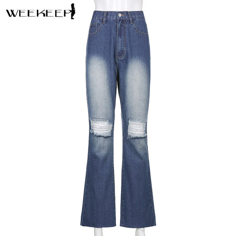 Weekeep Streetwear Heart Holes Cut Out Jeans Women High Waist Slim Long Denim Pencil Pants Summer Vintage Harajuku Blue Trousers