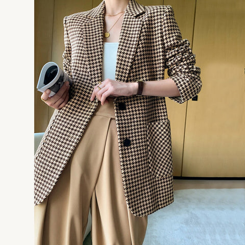 Sonicelife Women Jacket Long Sleeve Plaid Blazer with Belt Autumn Coat Office Lady Elegant V-Neck Over Size Blazers for Women with Pockets