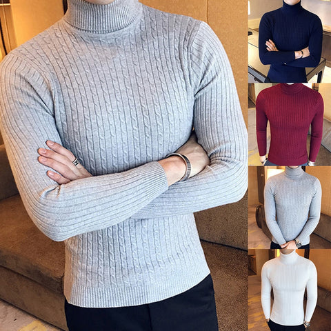 Sonicelife Casual Men Winter Solid Color Turtle Neck Long Sleeve Twist Knitted Slim Sweater Men's Knitted Sweaters Pullover Men Knitwear