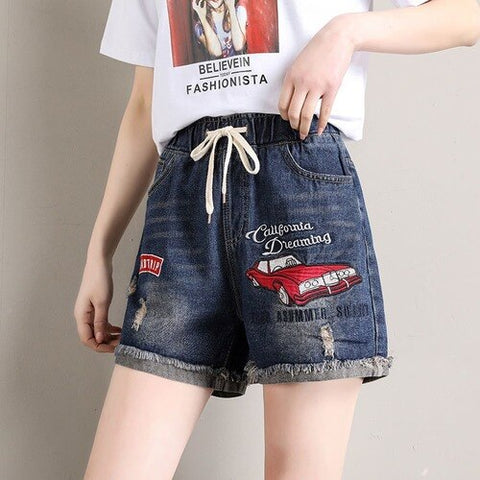 Women's Denim Shorts Loose Embroidery Pattern Wide Short Elastic Waist Summer Shorts Jeans Plus Size Clothing for Women 4xl 5xl