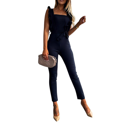 Sonicelife Women Jumpsuit Summer Casual Solid Color Slash Neck Pocket Overalls Lace-up Jumpsuit Ruffle Sleeve Slim Fit Romper with Belt D30