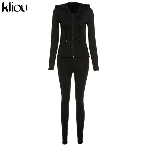 Kliou autumn new women hooded zipper pocket long sleeve tops sporty leggings matching set workout bodycon casual stretchy outfit