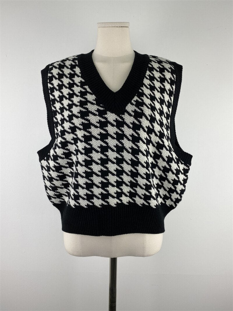 Sonicelife New Women's Knit Vest Fall Winter Retro Casual Loose V-neck Sleeveless For Female Classic Houndstooth Pattern Waistcoat Sweater