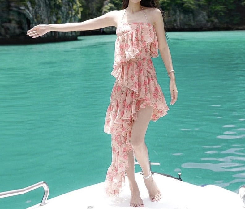 Sonicelife   Irregular Ruffled Breast Wrap Strap Dress Women's  Spring Summer Midi Flower Halterneck  Boho Dress Beach Dress Sundress  Fairy Dress