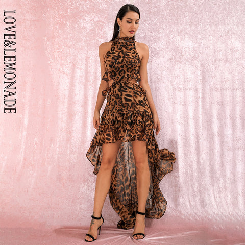 LOVE&LEMONADE  Stand Collar Open Back Cut Out Ruffles Irregular Leopard-Print Chiffon Dress LM81853