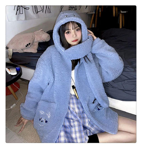 Sonicelife Fashion Lamb Wool Autumn Winter Coat Women's Fleece Jacket Bear Embroidery Hoodies Thick Sweatshirt Loose Casual Zipper Overcoat