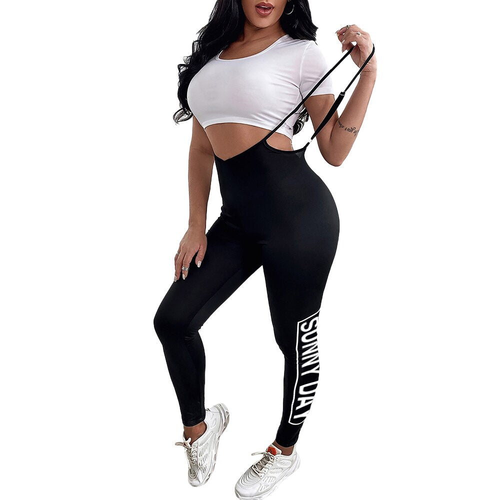 Sonicelife 2Pcs Set Women Letter Print High Waist Suspender Skinny Sport Pants Solid Color White Round Neck Short Sleeve Lady Crop Top D30