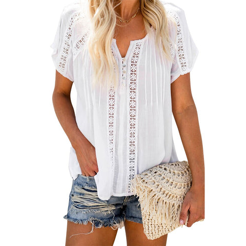 Sonicelife Women Hollow Out Short Sleeve Blouse Elegant V-Neck Loose Solid Casual Blouses Tops Female Office Ladies Pullover Clothes D30